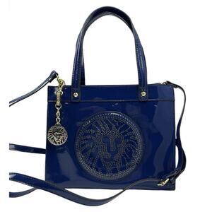 Anne Klein Purse Blue Patent Leather Satchel Handbag Double Handle Lion Face